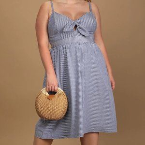 Lulus Blue Striped Knotted Front Midi Dress with Pockets, Size L